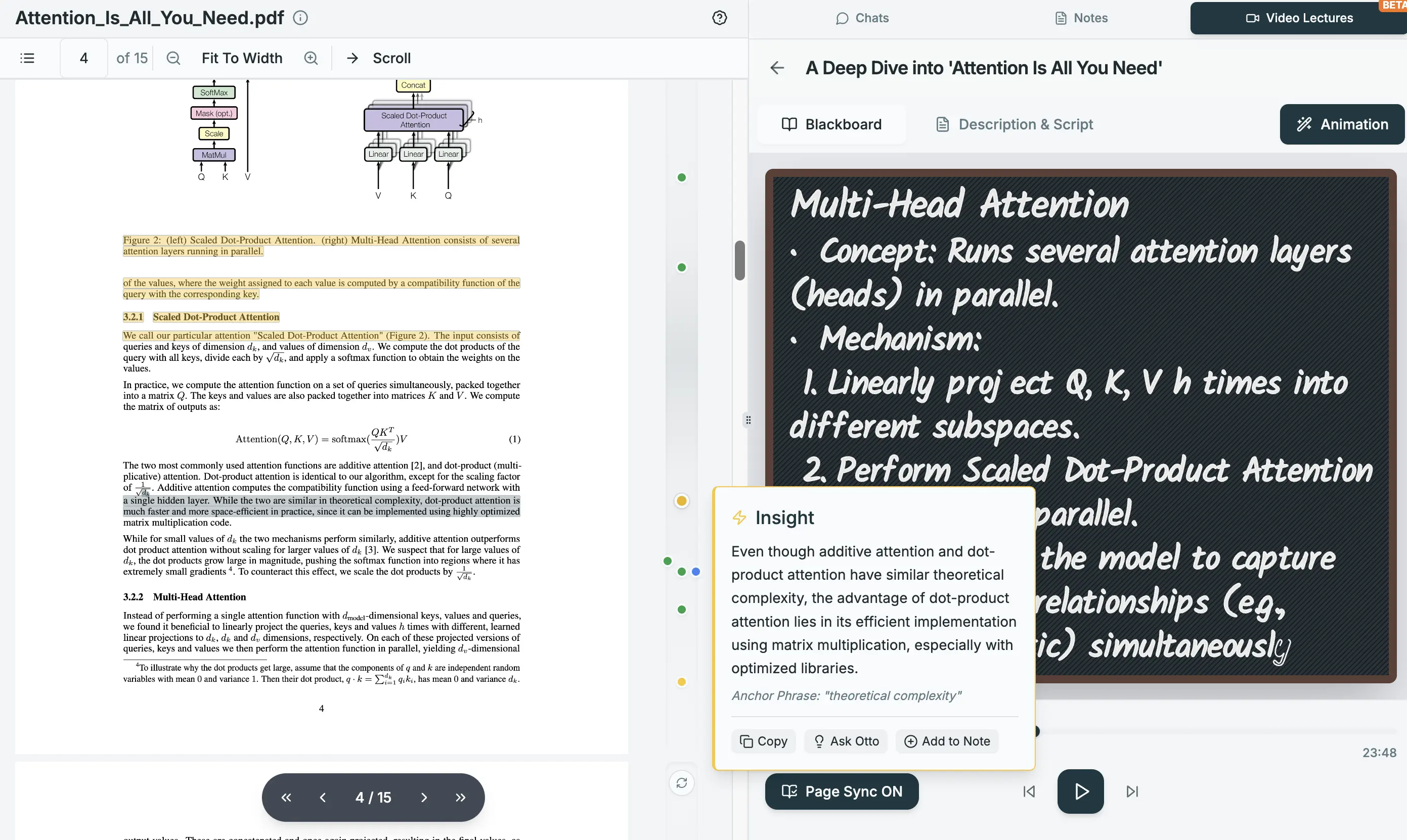 OtterNote interface showing document analysis with page-by-page insights and contextual understanding